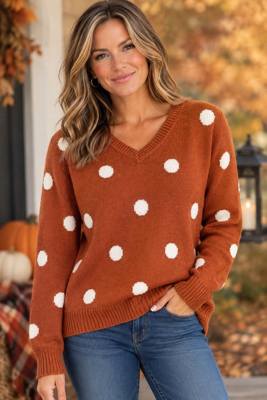 Maurices Rust Burnt Orange White Polka Dot Crewneck Sweater Women's S Fall Cozy
